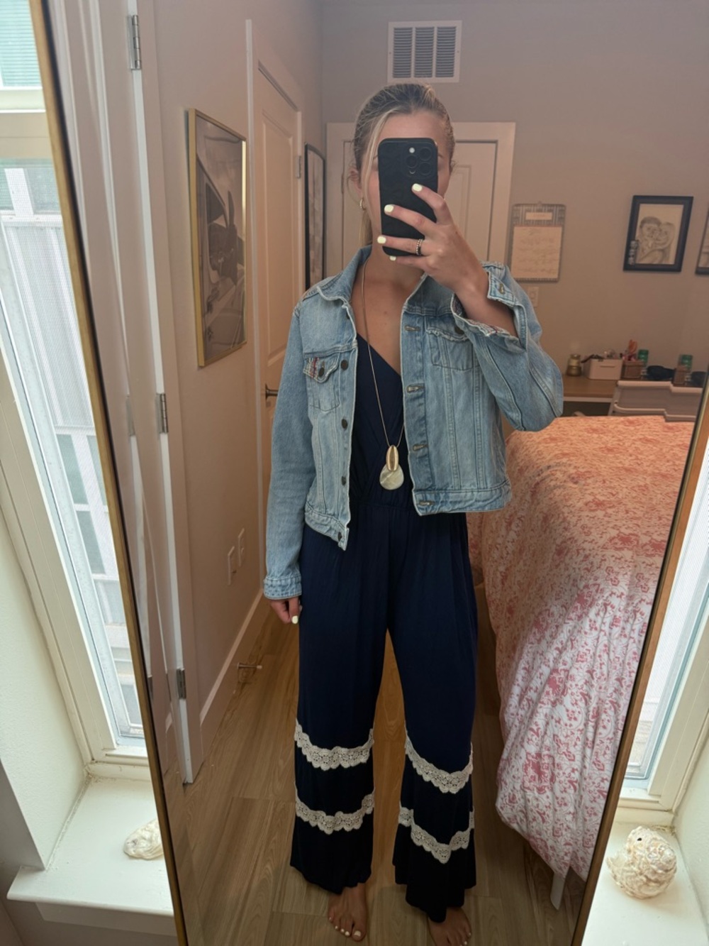 Navy Jumpsuit with Lace Trim